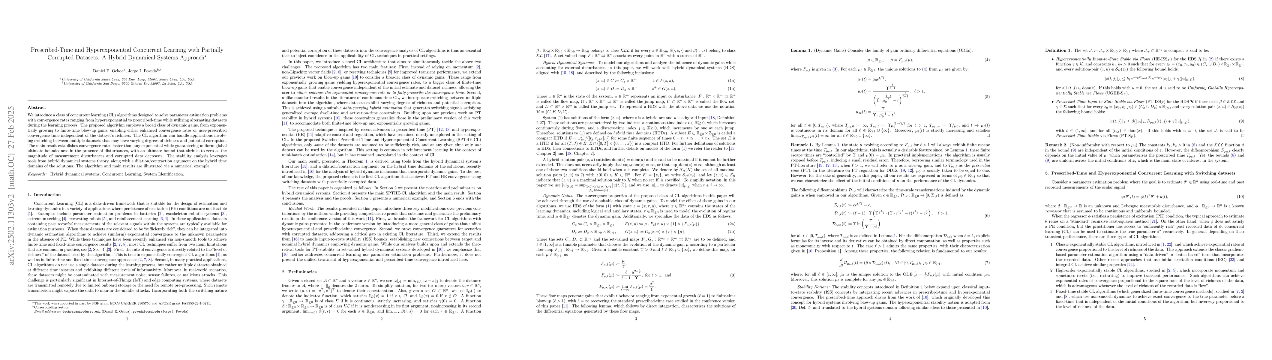 Thumbnail for Prescribed-Time and Hyperexponential Concurrent Learning with Partially
  Corrupted Datasets: A Hybrid Dynamical Systems Approach