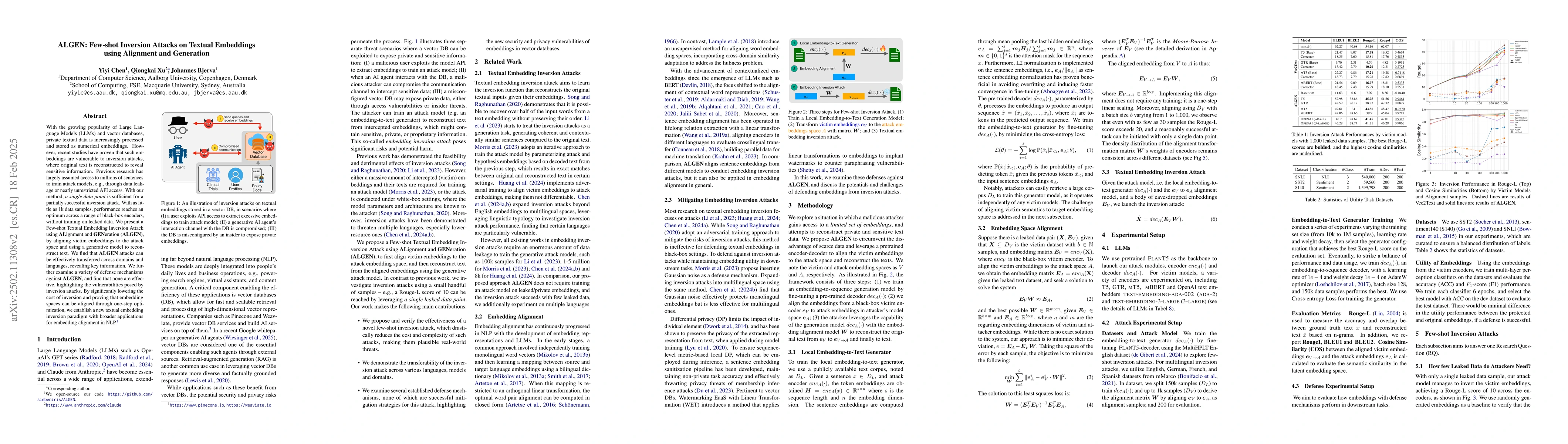Thumbnail for ALGEN: Few-shot Inversion Attacks on Textual Embeddings using Alignment
  and Generation