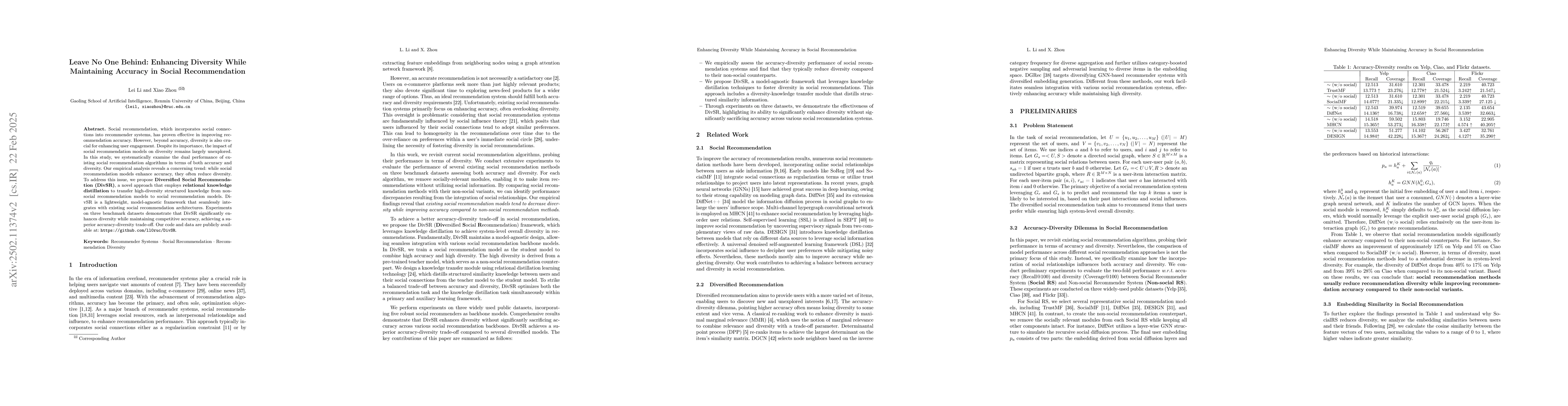 Thumbnail for Leave No One Behind: Enhancing Diversity While Maintaining Accuracy in
  Social Recommendation