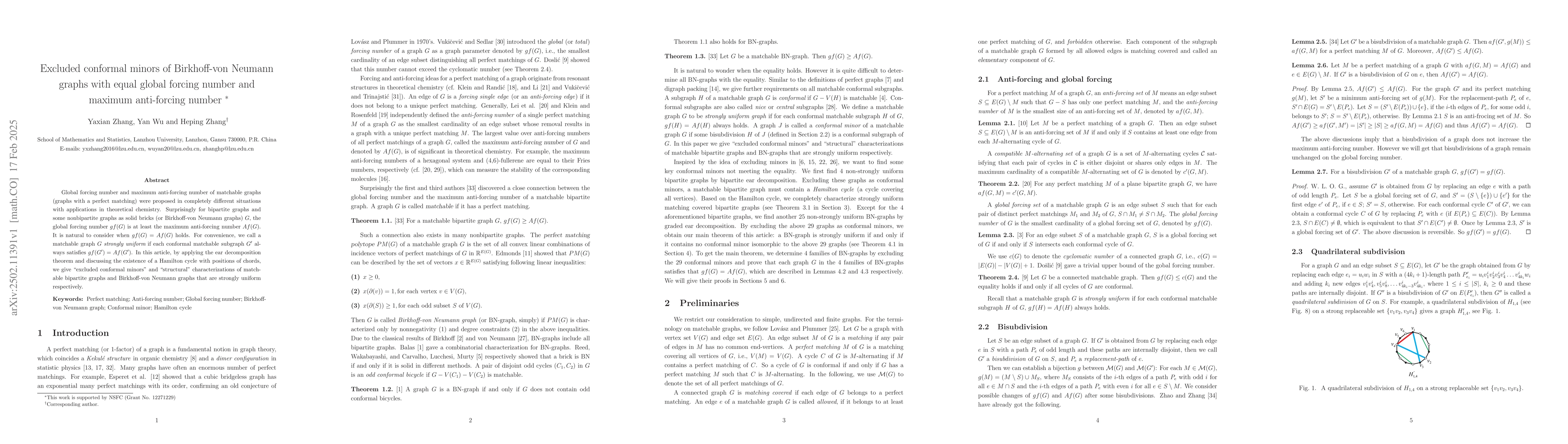 Thumbnail for Excluded conformal minors of Birkhoff-von Neumann graphs with equal
  global forcing number and maximum anti-forcing number