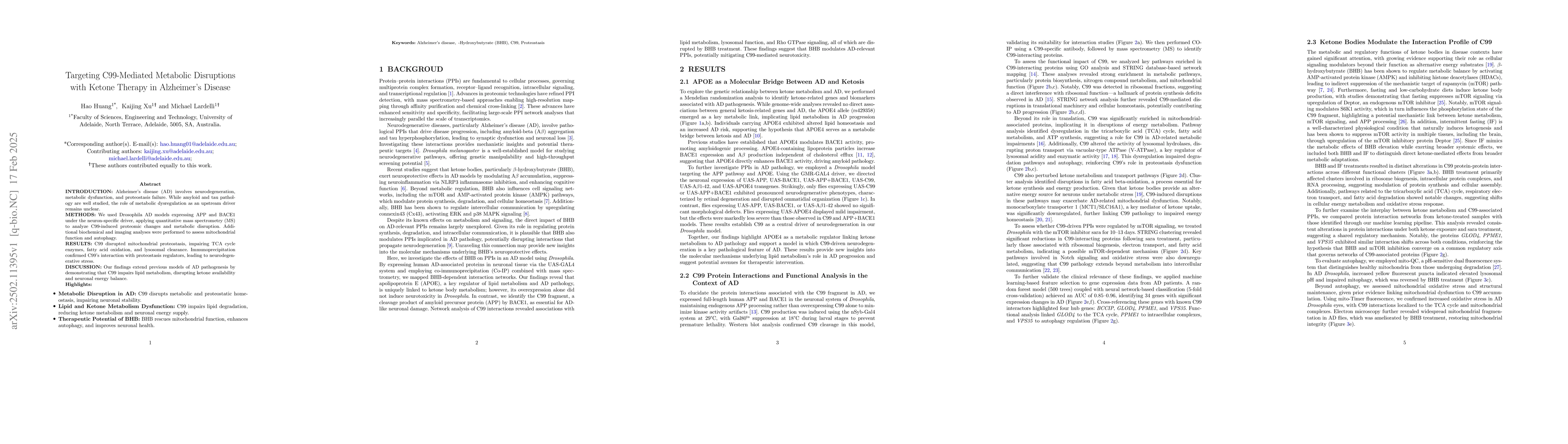 Thumbnail for Targeting C99 Mediated Metabolic Disruptions with Ketone Therapy in
  Alzheimer's Disease