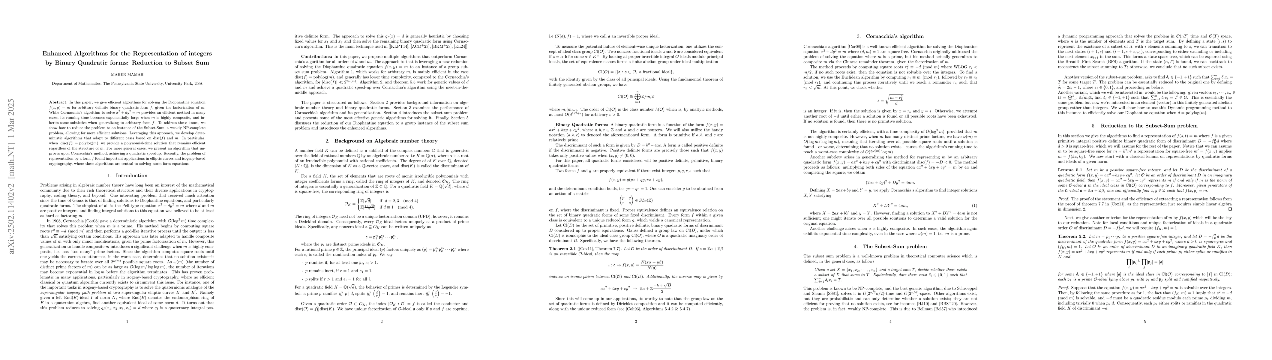 Thumbnail for Enhanced Algorithms for the Representation of integers by Binary
  Quadratic forms: Reduction to Subset Sum