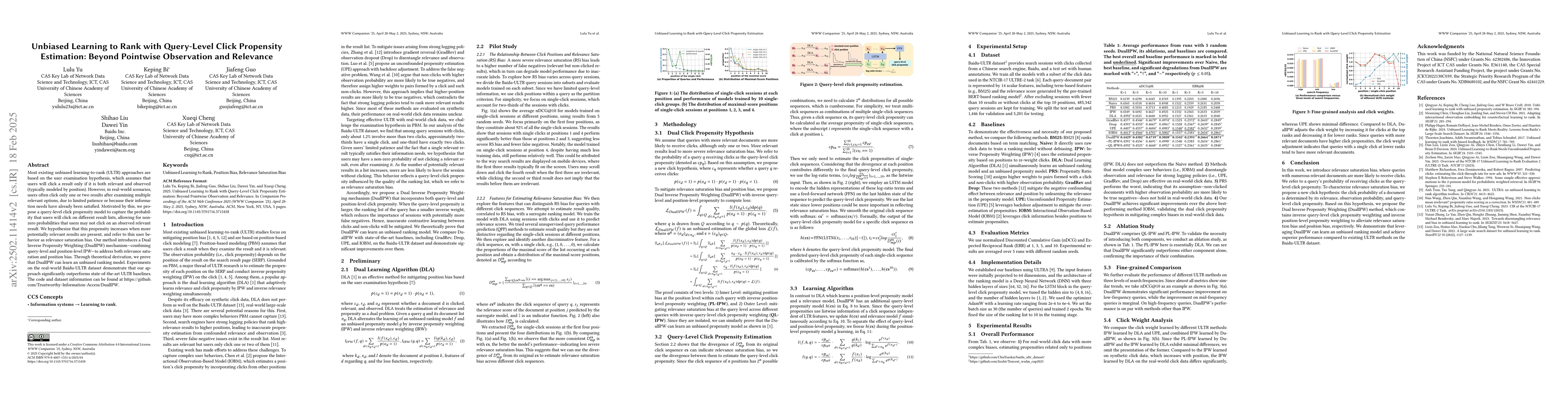 Thumbnail for Unbiased Learning to Rank with Query-Level Click Propensity Estimation:
  Beyond Pointwise Observation and Relevance