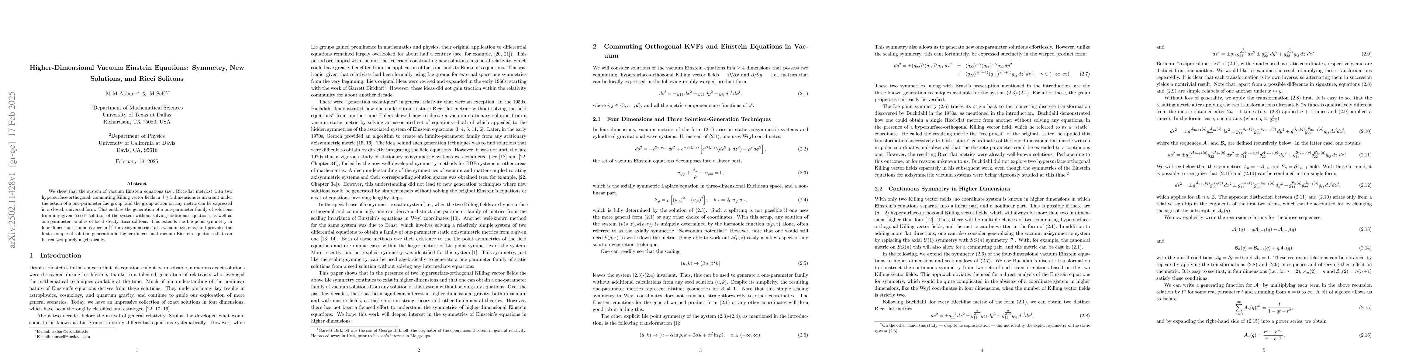 Thumbnail for Higher-Dimensional Vacuum Einstein Equations: Symmetry, New Solutions,
  and Ricci Solitons