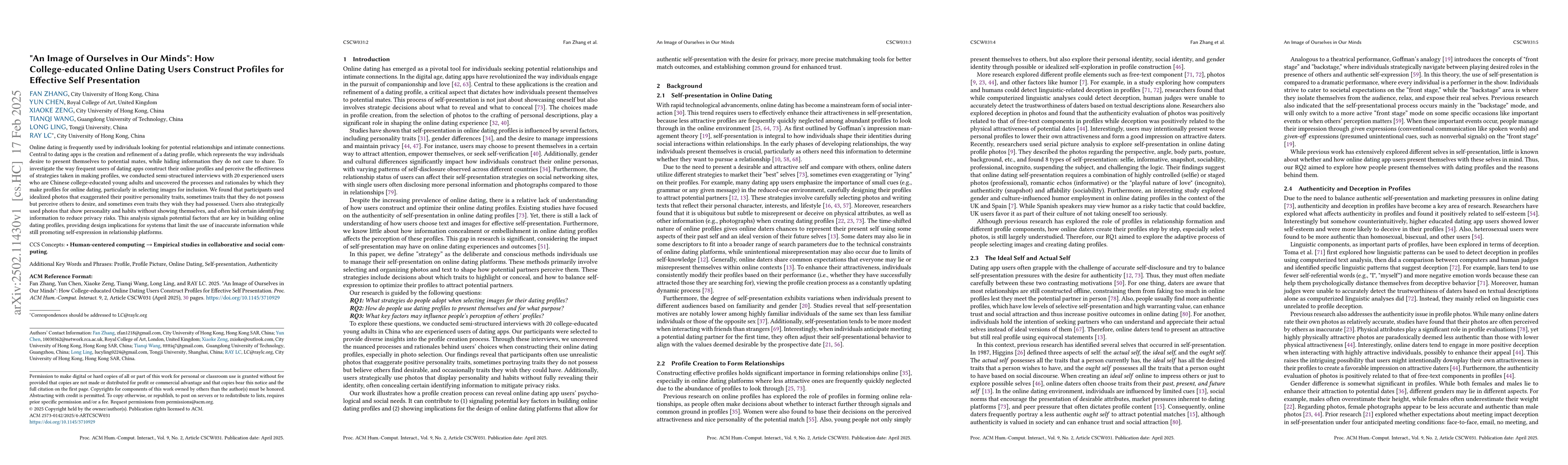 Thumbnail for "An Image of Ourselves in Our Minds": How College-educated Online Dating
  Users Construct Profiles for Effective Self Presentation