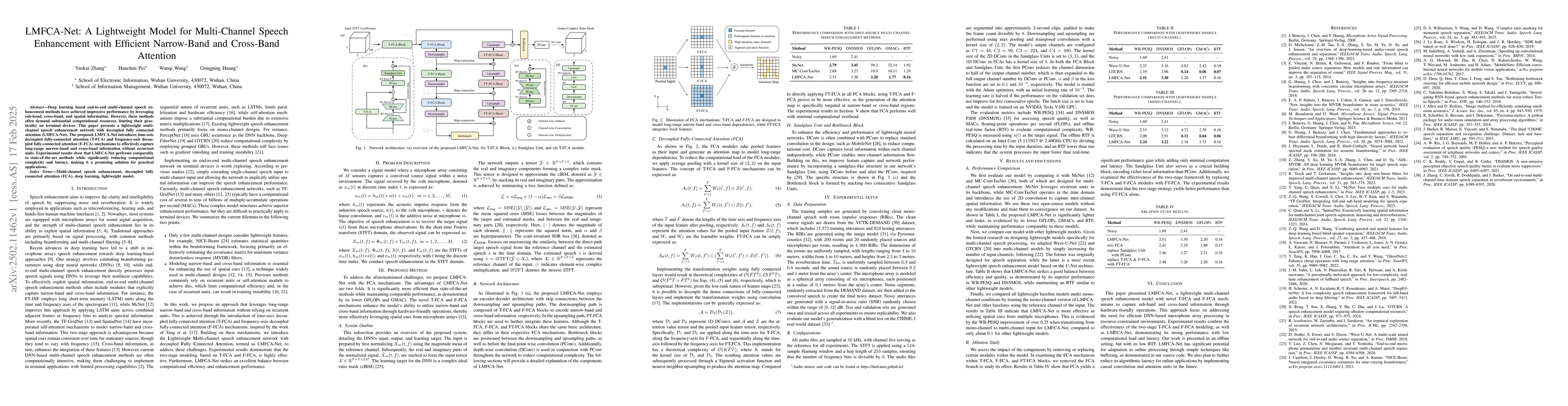 Thumbnail for LMFCA-Net: A Lightweight Model for Multi-Channel Speech Enhancement with
  Efficient Narrow-Band and Cross-Band Attention