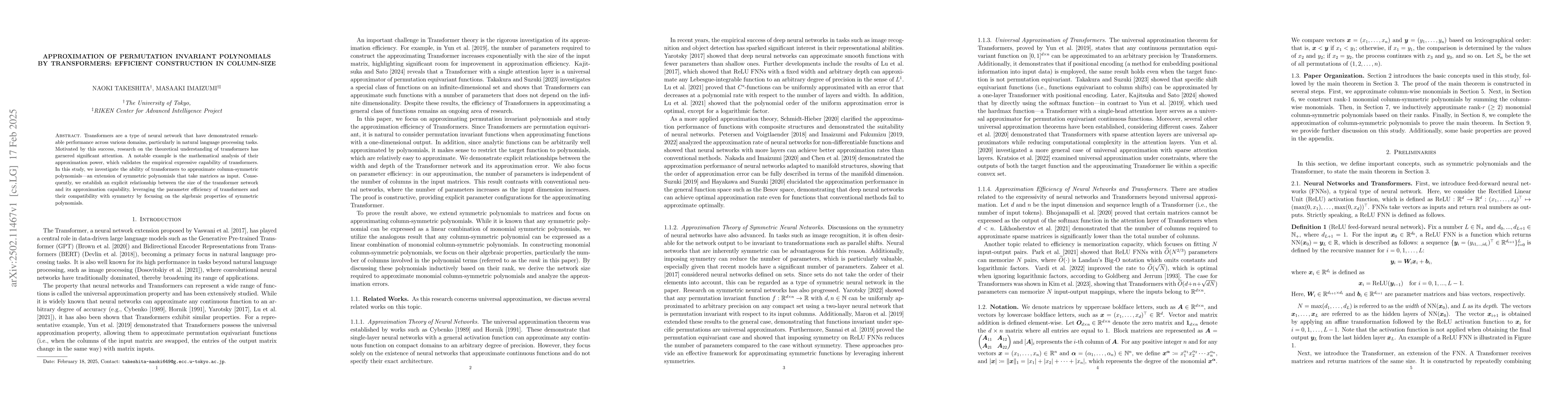 Thumbnail for Approximation of Permutation Invariant Polynomials by Transformers:
  Efficient Construction in Column-Size