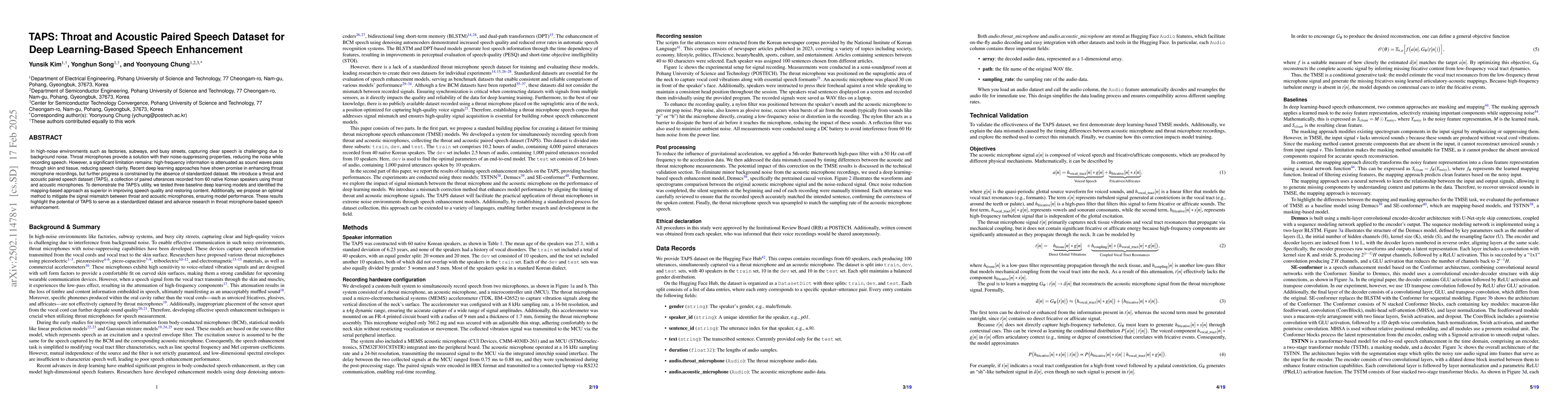 Thumbnail for TAPS: Throat and Acoustic Paired Speech Dataset for Deep Learning-Based
  Speech Enhancement