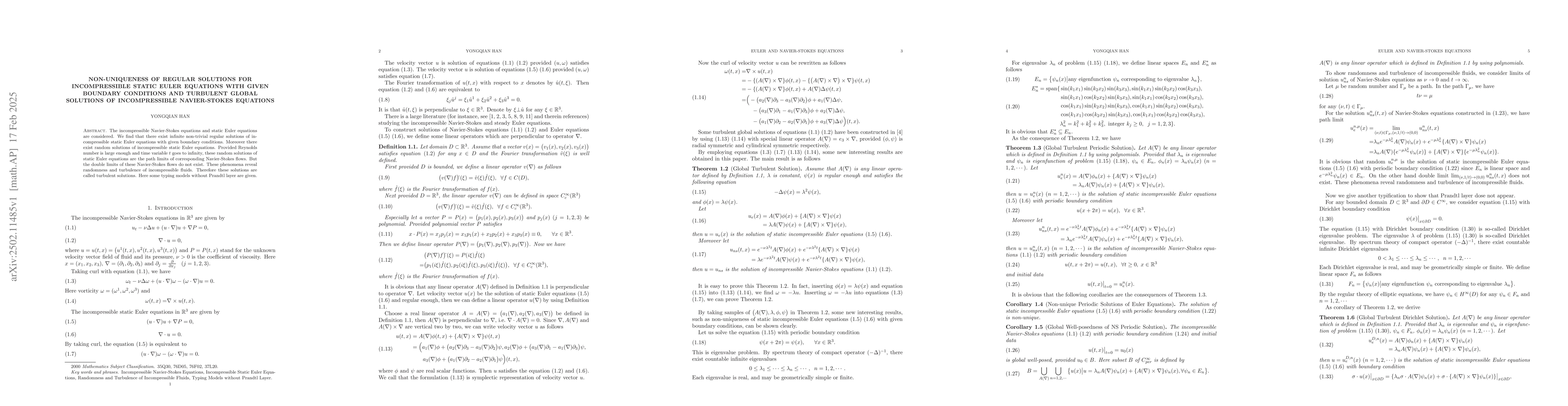 Thumbnail for Non-uniqueness of Regular Solutions for Incompressible Static Euler
  Equations with Given Boundary Conditions and Turbulent Global Solutions of
  Incompressible Navier-Stokes Equations