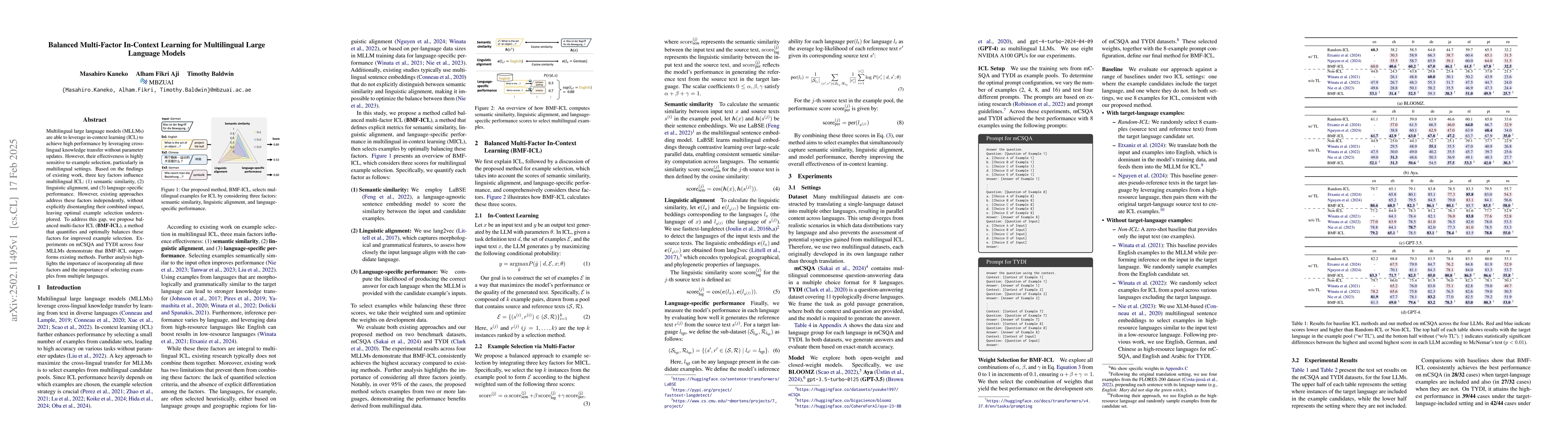Thumbnail for Balanced Multi-Factor In-Context Learning for Multilingual Large
  Language Models