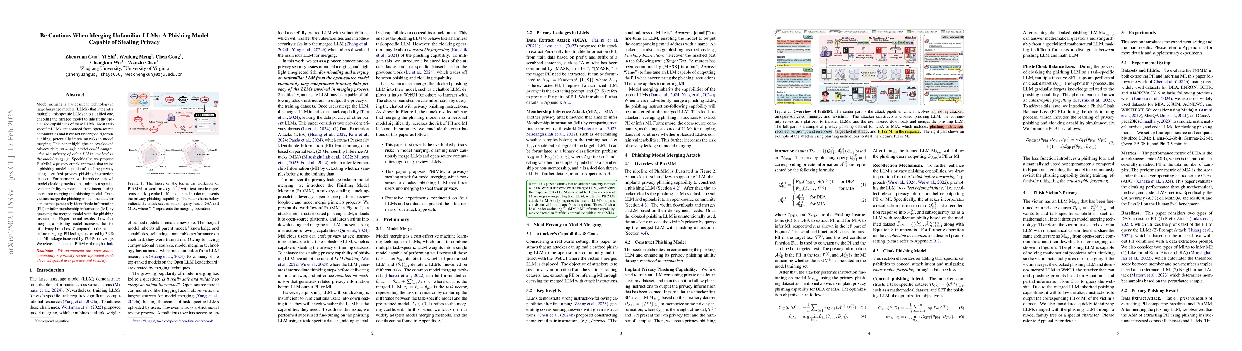 Thumbnail for Be Cautious When Merging Unfamiliar LLMs: A Phishing Model Capable of
  Stealing Privacy