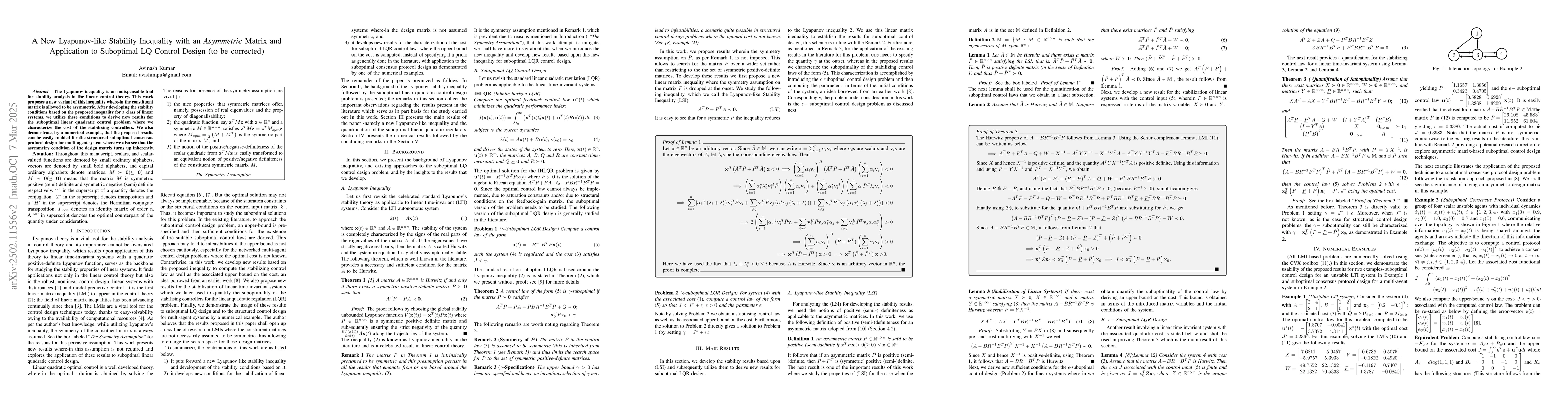 Thumbnail for A New Lyapunov-like Stability Inequality with an \textit{Asymmetric}
  Matrix and Application to Suboptimal LQ Control Design (to be corrected)