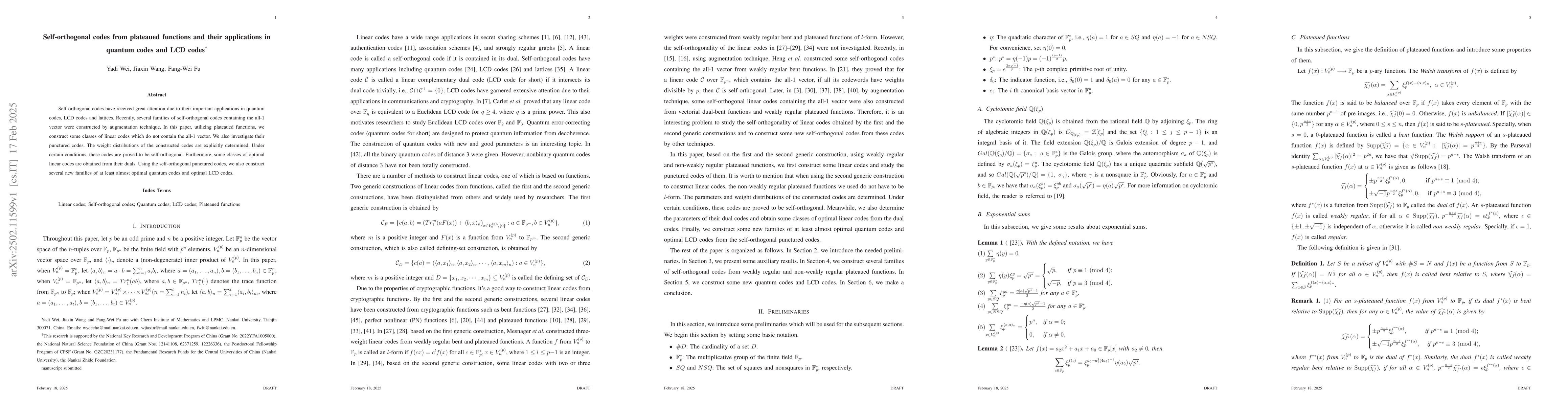 Thumbnail for Self-orthogonal codes from plateaued functions and their applications in
  quantum codes and LCD codes