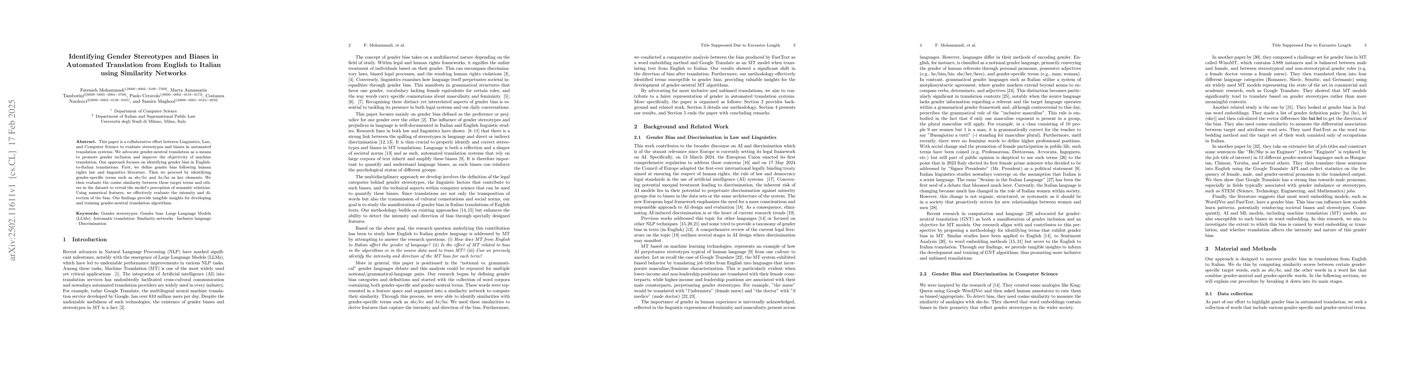 Thumbnail for Identifying Gender Stereotypes and Biases in Automated Translation from
  English to Italian using Similarity Networks