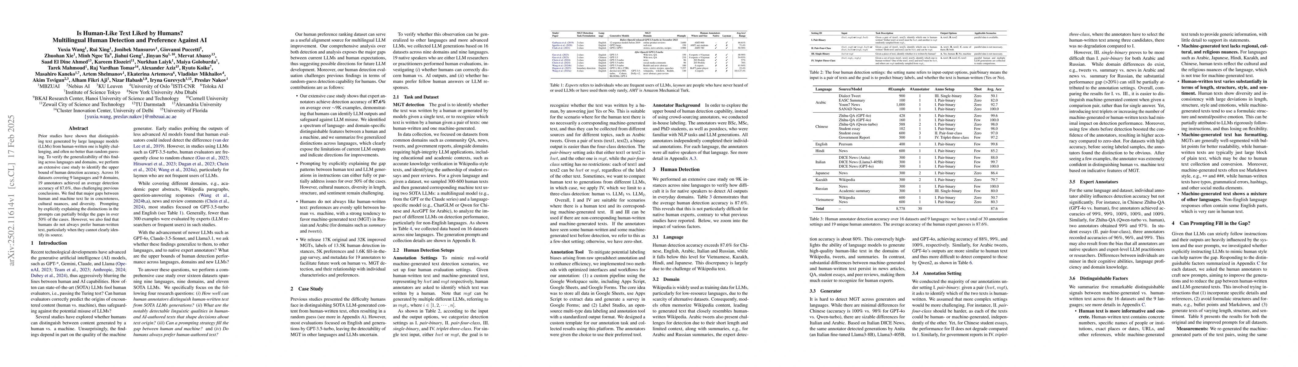 Thumbnail for Is Human-Like Text Liked by Humans? Multilingual Human Detection and
  Preference Against AI