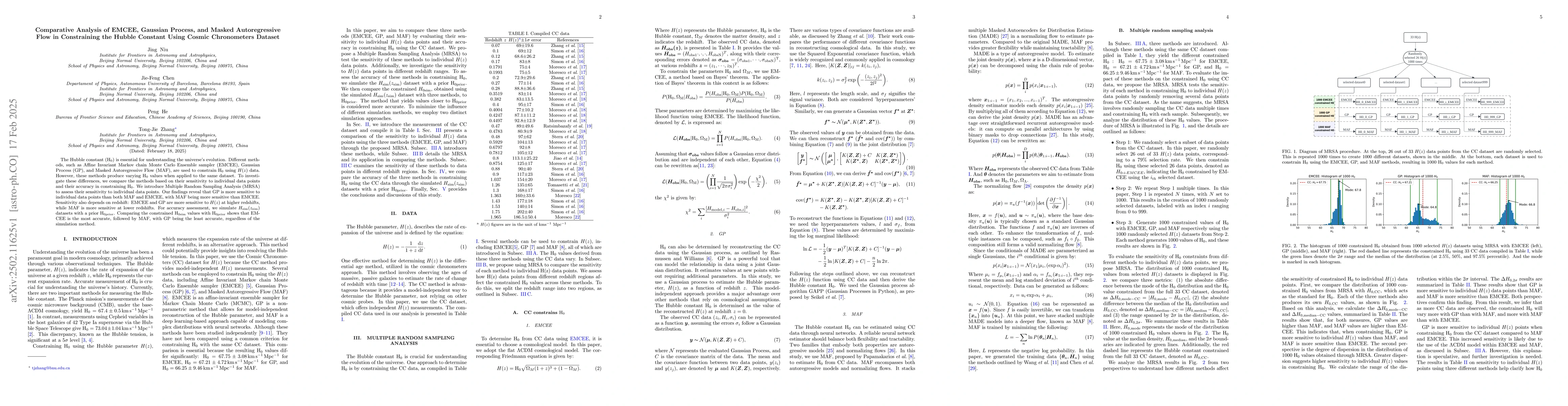 Thumbnail for Comparative Analysis of EMCEE, Gaussian Process, and Masked
  Autoregressive Flow in Constraining the Hubble Constant Using Cosmic
  Chronometers Dataset