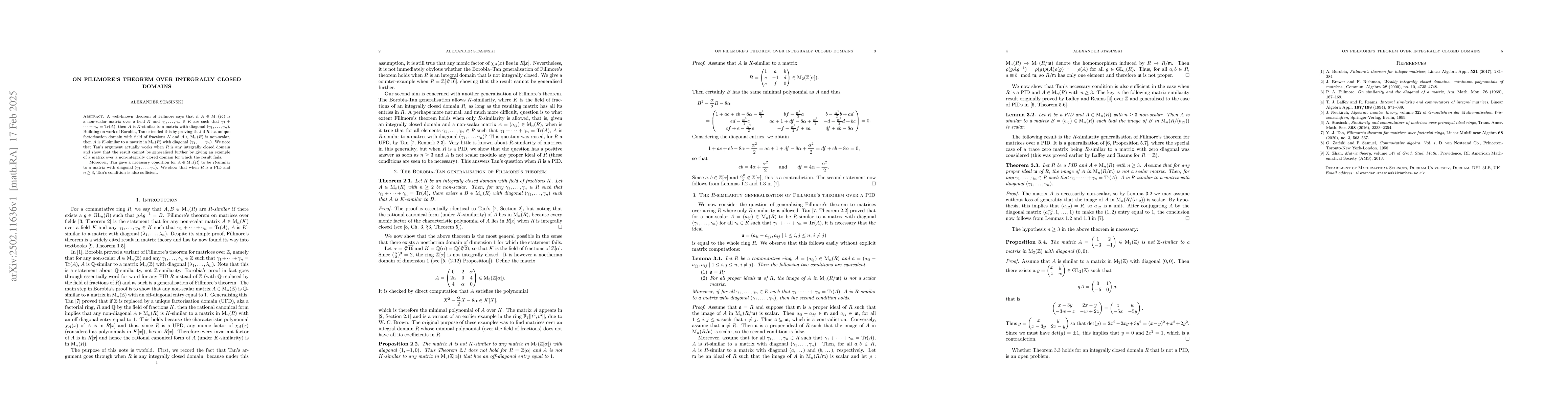 Thumbnail for On Fillmore's theorem over integrally closed domains