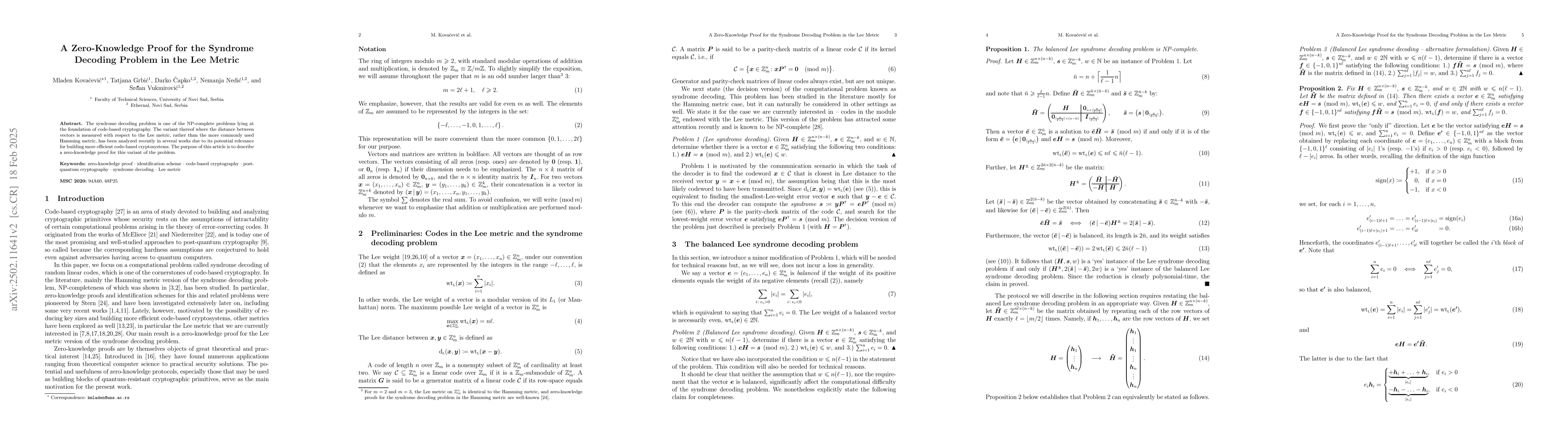 Thumbnail for A Zero-Knowledge Proof for the Syndrome Decoding Problem in the Lee
  Metric