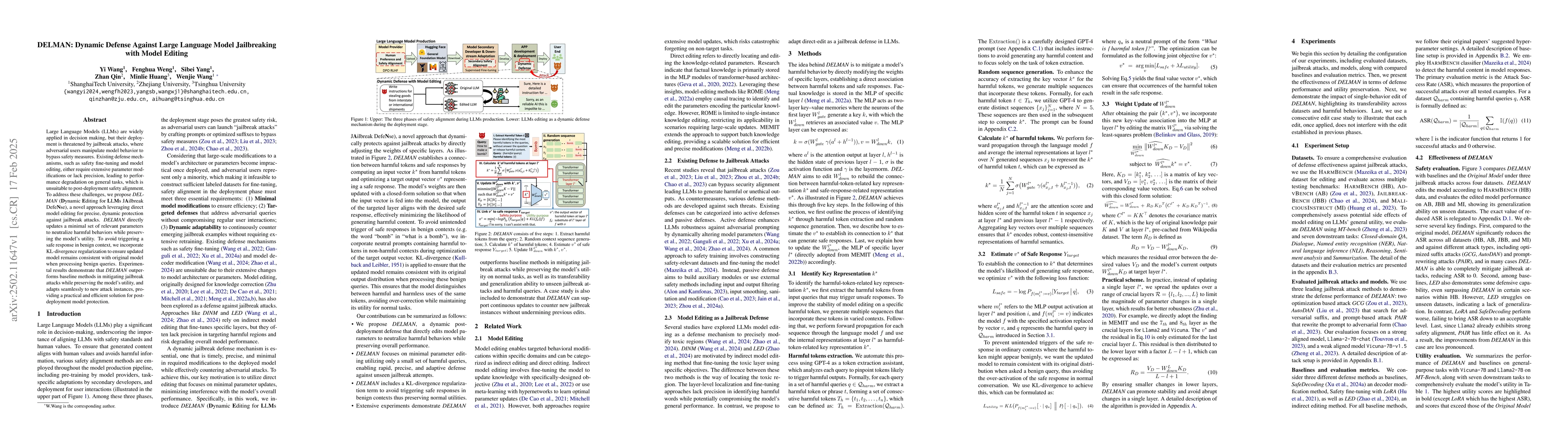 Thumbnail for DELMAN: Dynamic Defense Against Large Language Model Jailbreaking with
  Model Editing