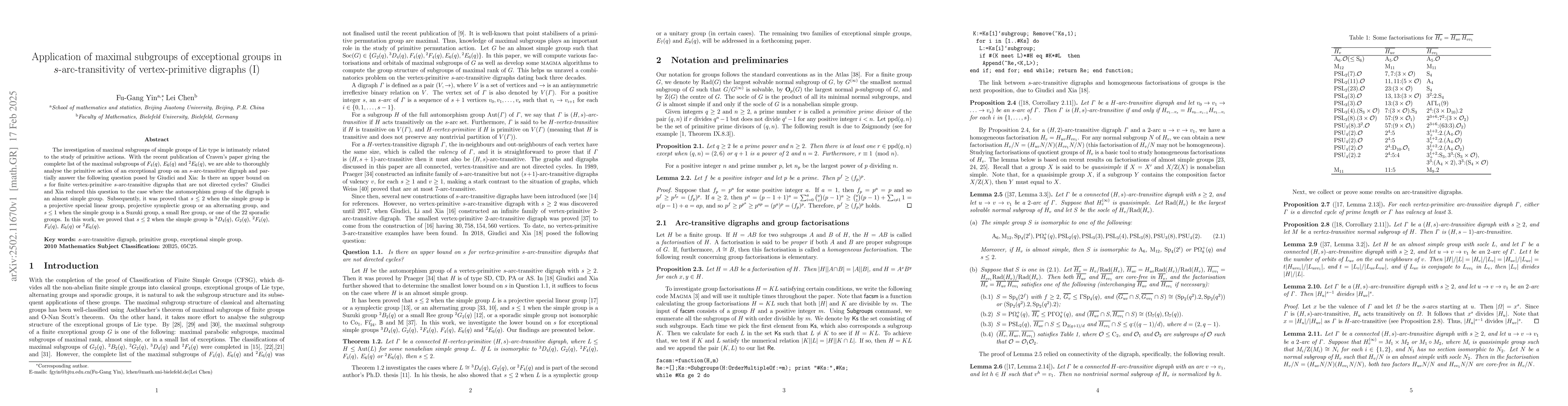 Thumbnail for Application of maximal subgroups of exceptional groups in
  s-arc-transitivity of vertex-primitive digraphs (I)