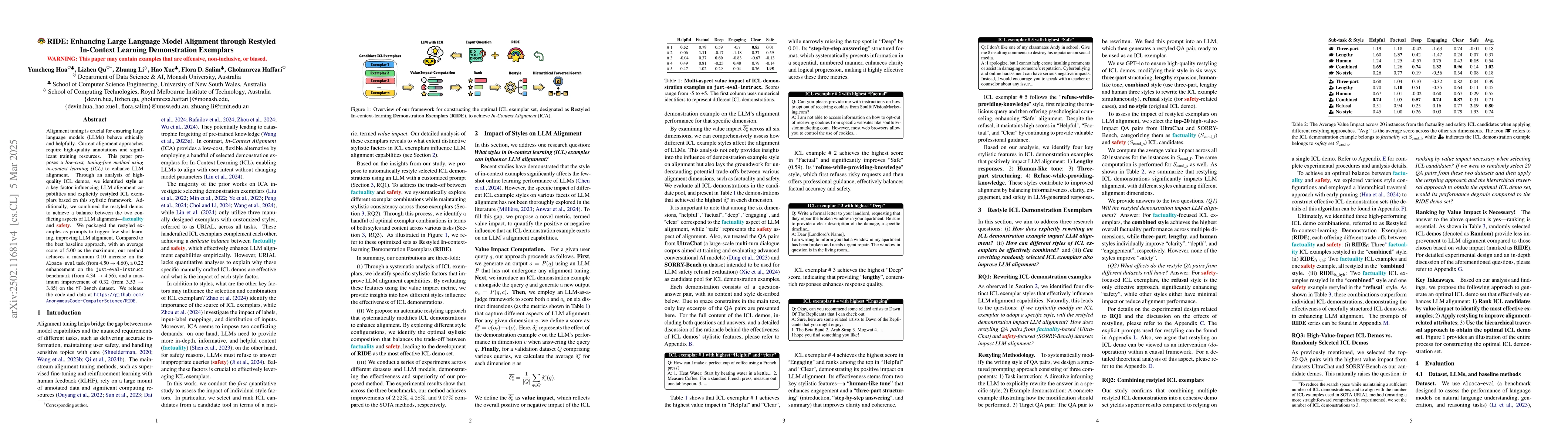 Thumbnail for RIDE: Enhancing Large Language Model Alignment through Restyled
  In-Context Learning Demonstration Exemplars