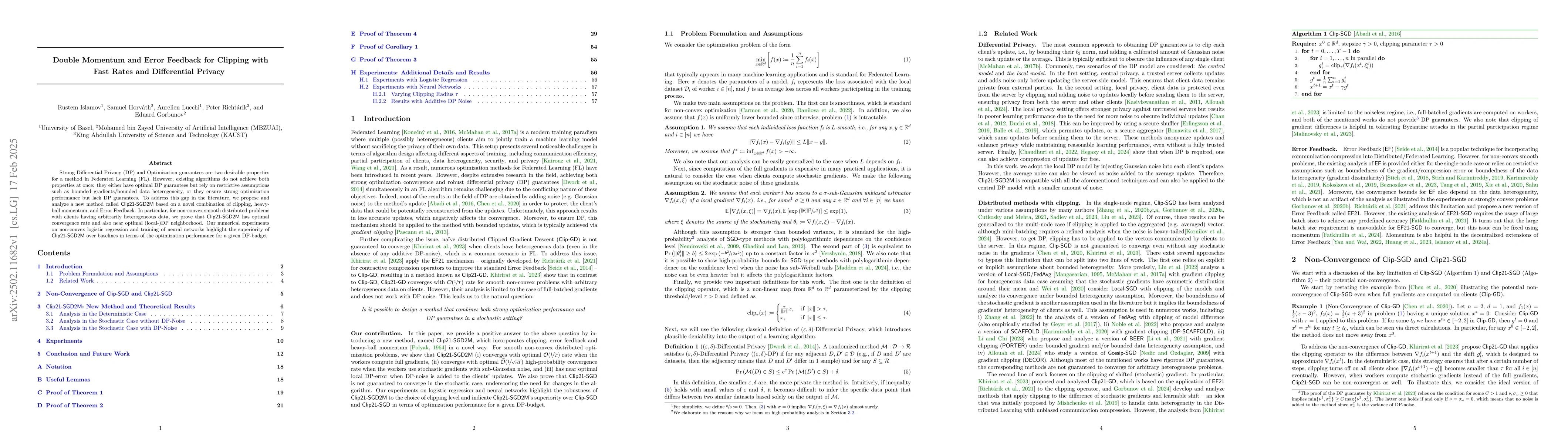 Thumbnail for Double Momentum and Error Feedback for Clipping with Fast Rates and
  Differential Privacy