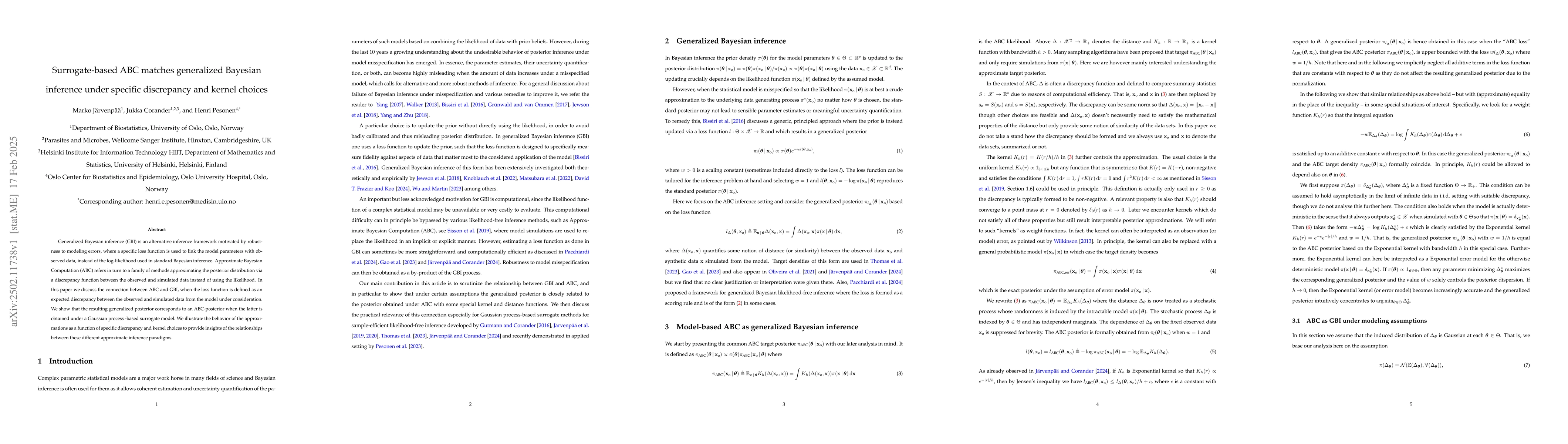 Thumbnail for Surrogate-based ABC matches generalized Bayesian inference under
  specific discrepancy and kernel choices