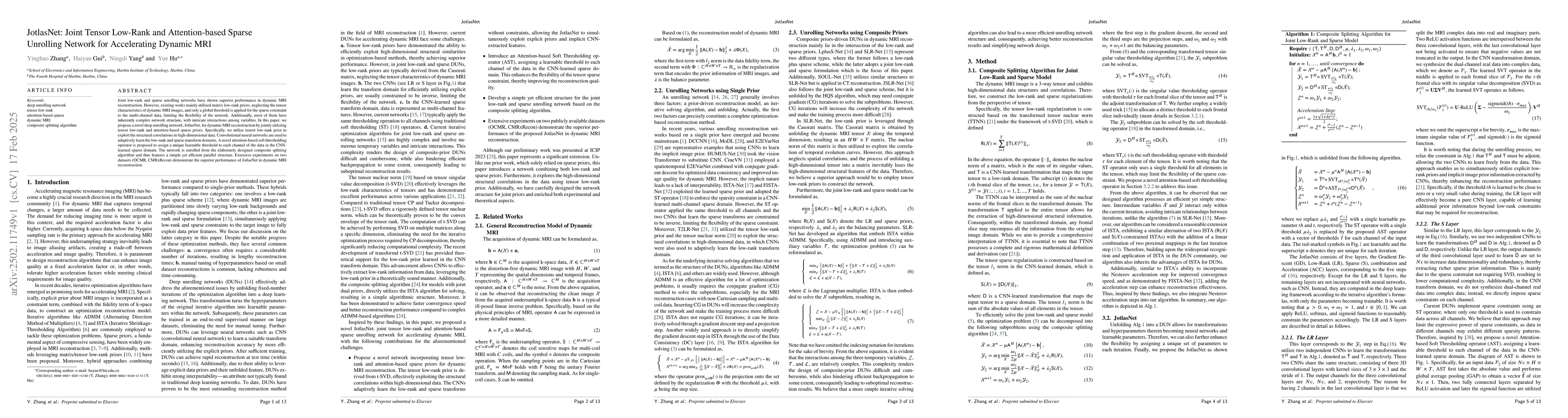 Thumbnail for JotlasNet: Joint Tensor Low-Rank and Attention-based Sparse Unrolling
  Network for Accelerating Dynamic MRI