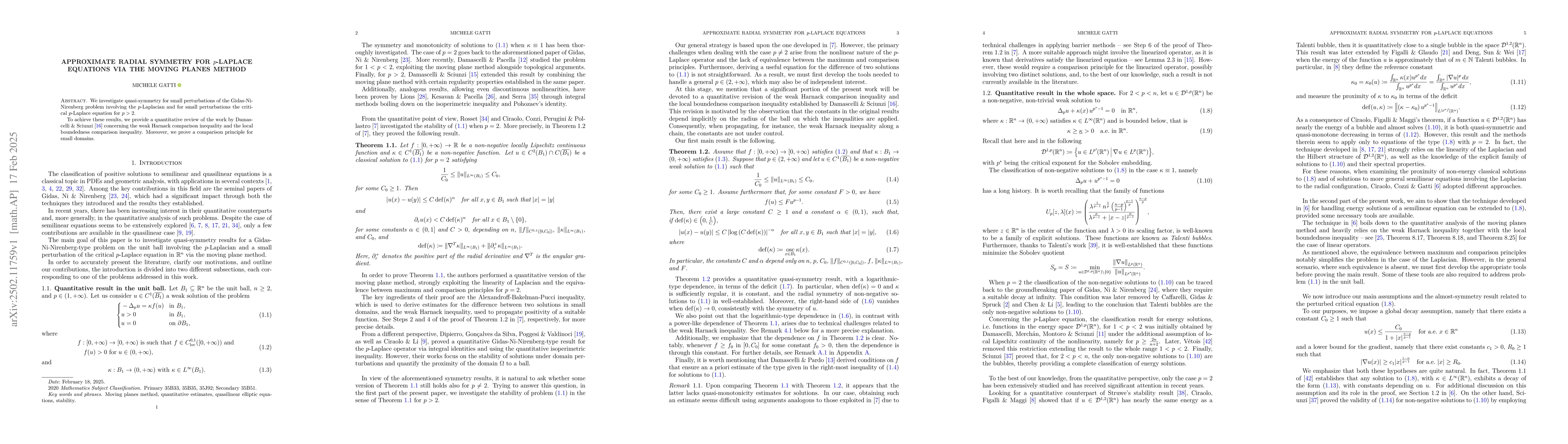 Thumbnail for Approximate radial symmetry for $p$-Laplace equations via the moving
  planes method