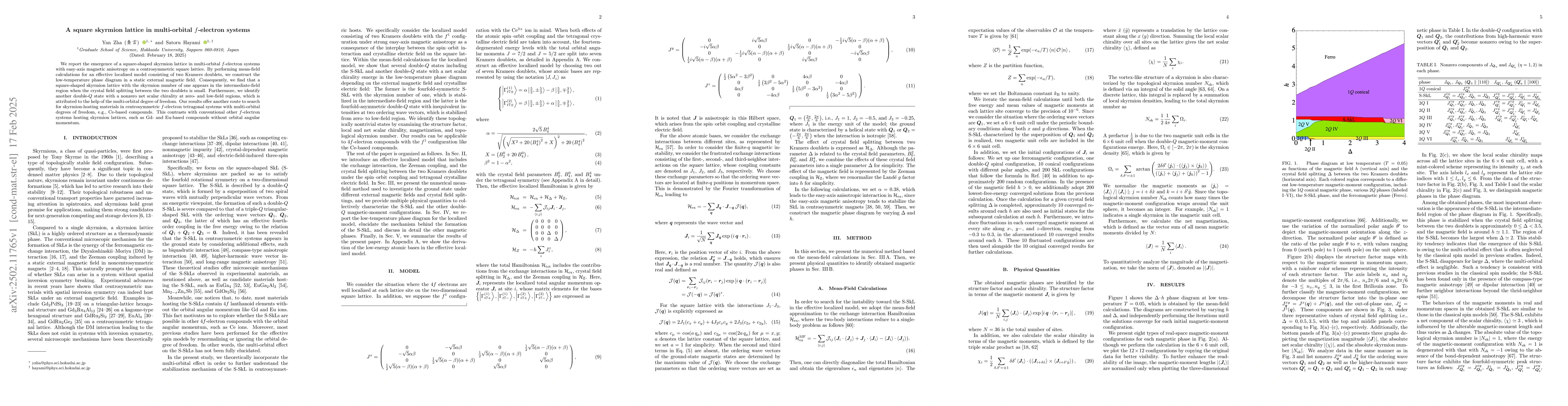 Thumbnail for A square skyrmion lattice in multi-orbital $f$-electron systems