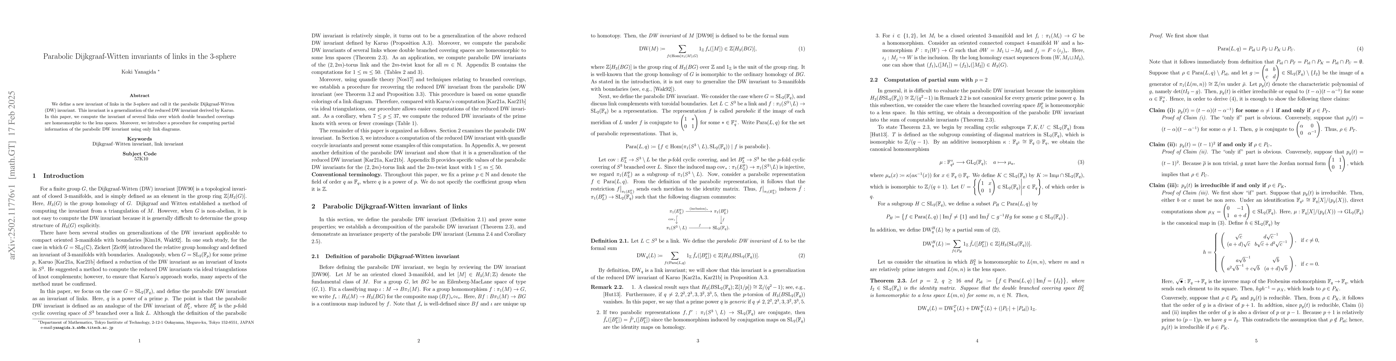 Thumbnail for Parabolic Dijkgraaf-Witten invariants of links in the $3$-sphere