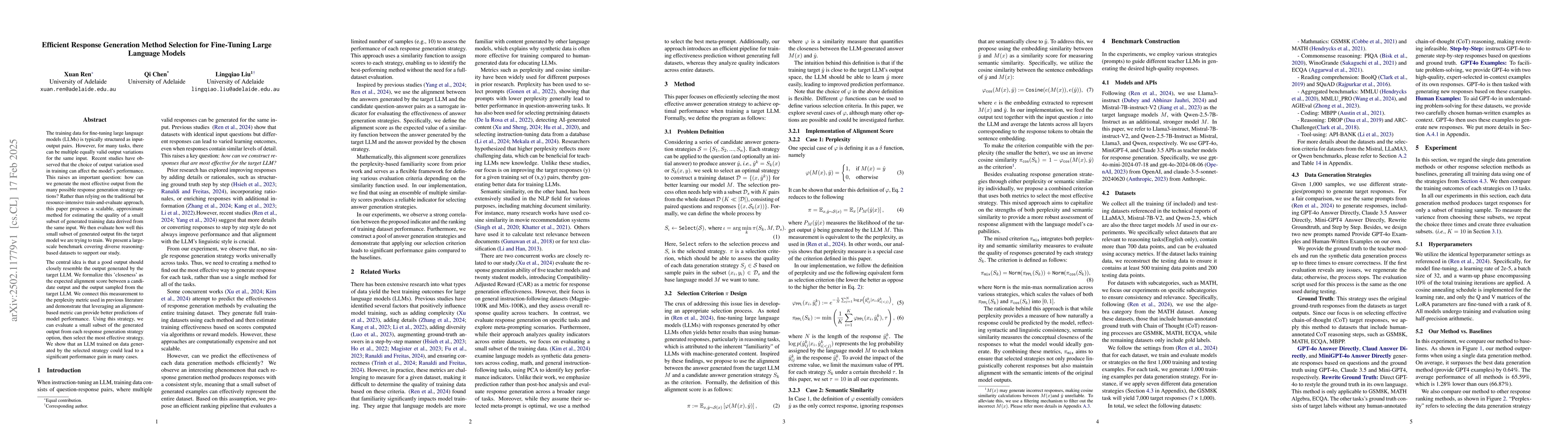 Thumbnail for Efficient Response Generation Method Selection for Fine-Tuning Large
  Language Models