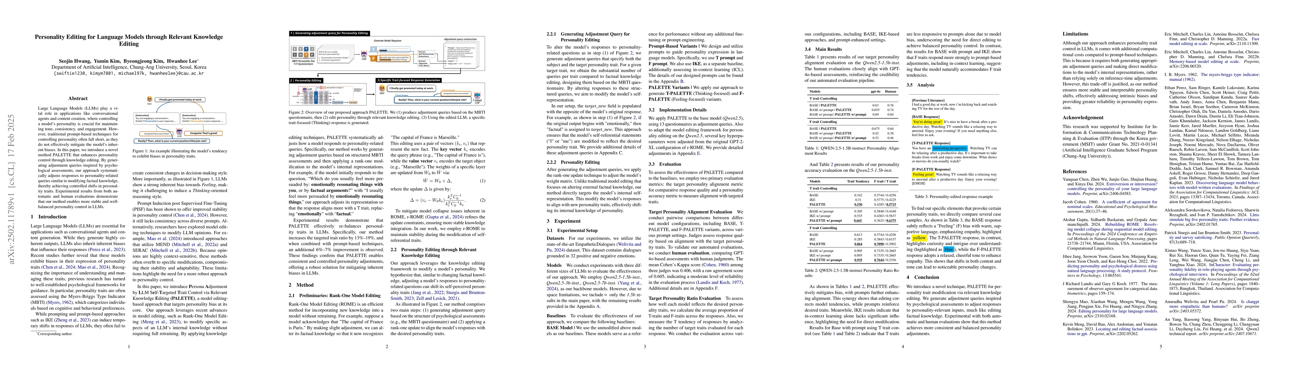 Thumbnail for Personality Editing for Language Models through Relevant Knowledge
  Editing