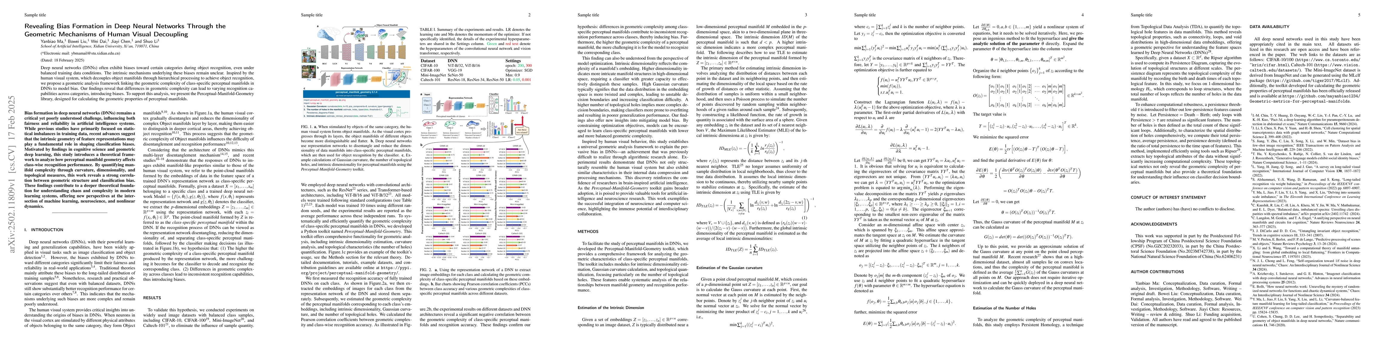 Thumbnail for Revealing Bias Formation in Deep Neural Networks Through the Geometric
  Mechanisms of Human Visual Decoupling