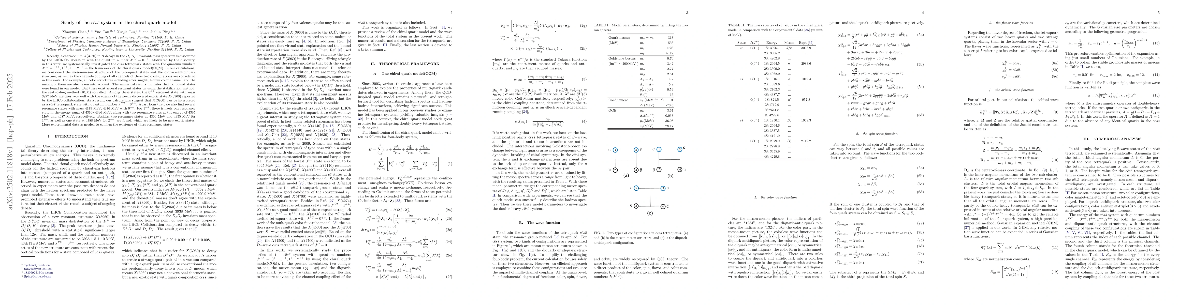 Thumbnail for Study of the $c\bar{c}s\bar{s}$ system in the chiral quark model