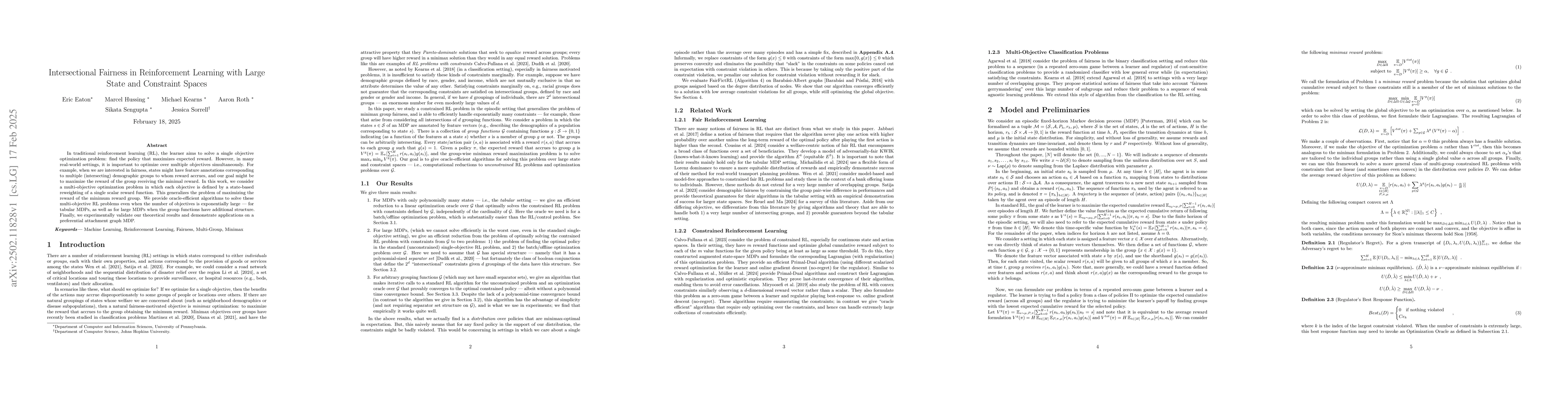 Thumbnail for Intersectional Fairness in Reinforcement Learning with Large State and
  Constraint Spaces