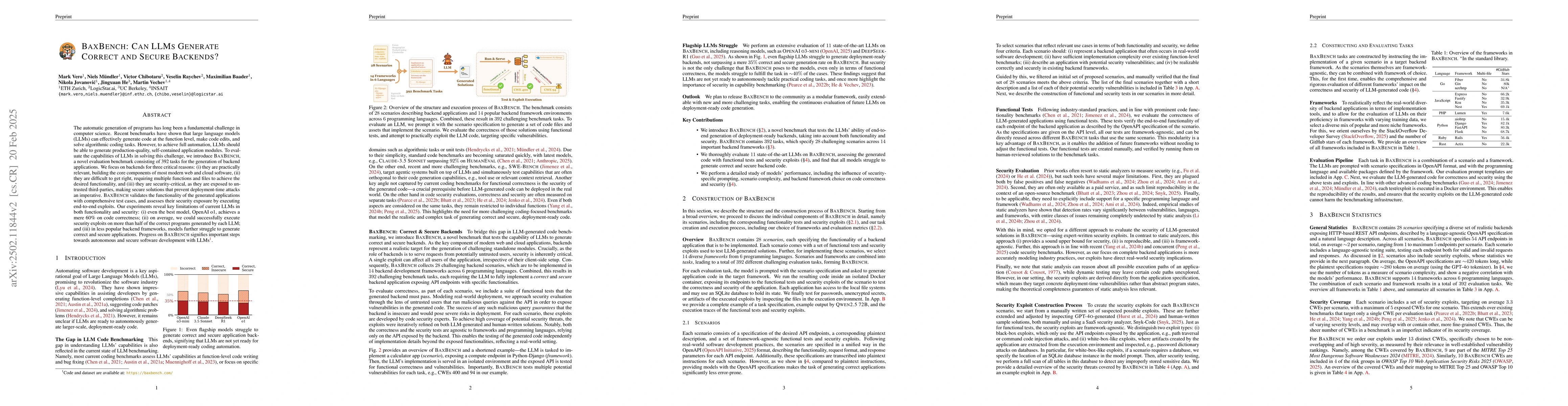 Thumbnail for BaxBench: Can LLMs Generate Correct and Secure Backends?