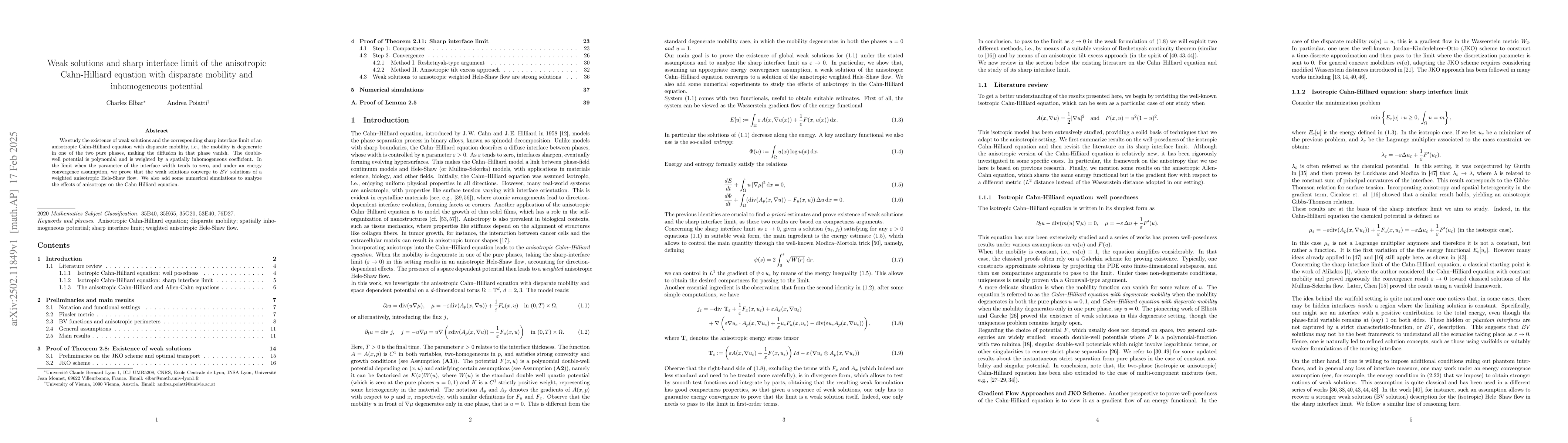 Thumbnail for Weak solutions and sharp interface limit of the anisotropic
  Cahn-Hilliard equation with disparate mobility and inhomogeneous potential