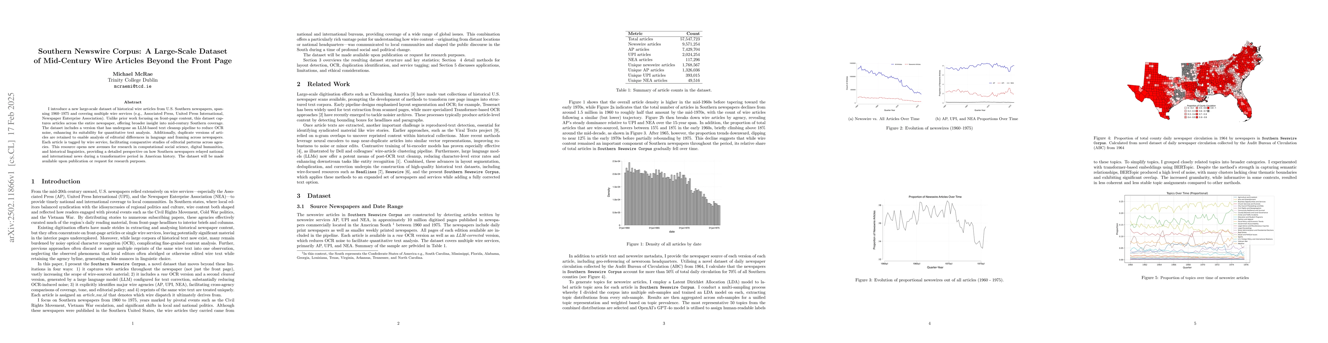 Thumbnail for Southern Newswire Corpus: A Large-Scale Dataset of Mid-Century Wire
  Articles Beyond the Front Page