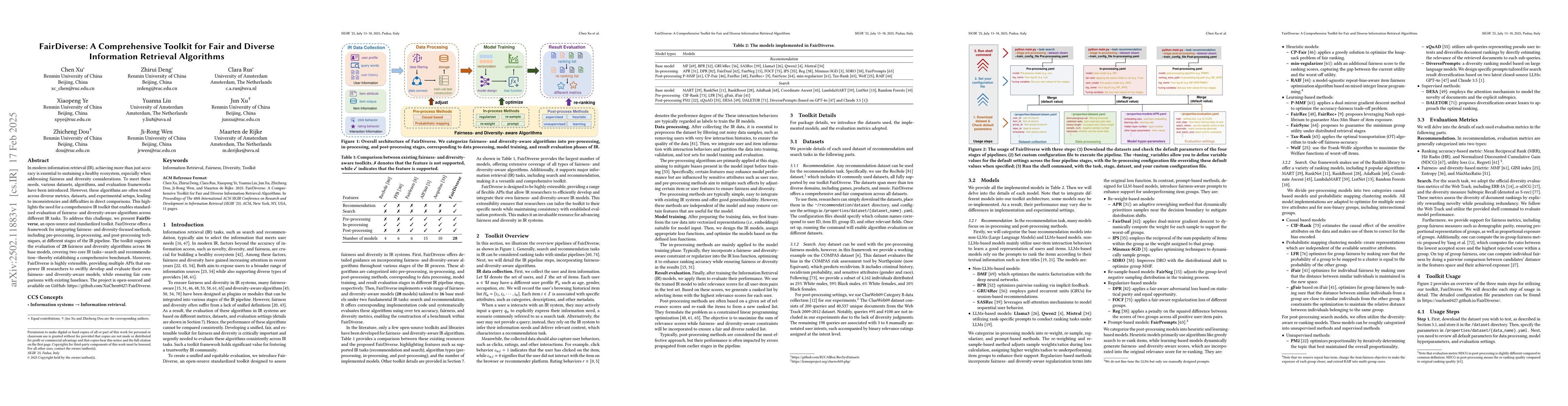 Thumbnail for FairDiverse: A Comprehensive Toolkit for Fair and Diverse Information
  Retrieval Algorithms