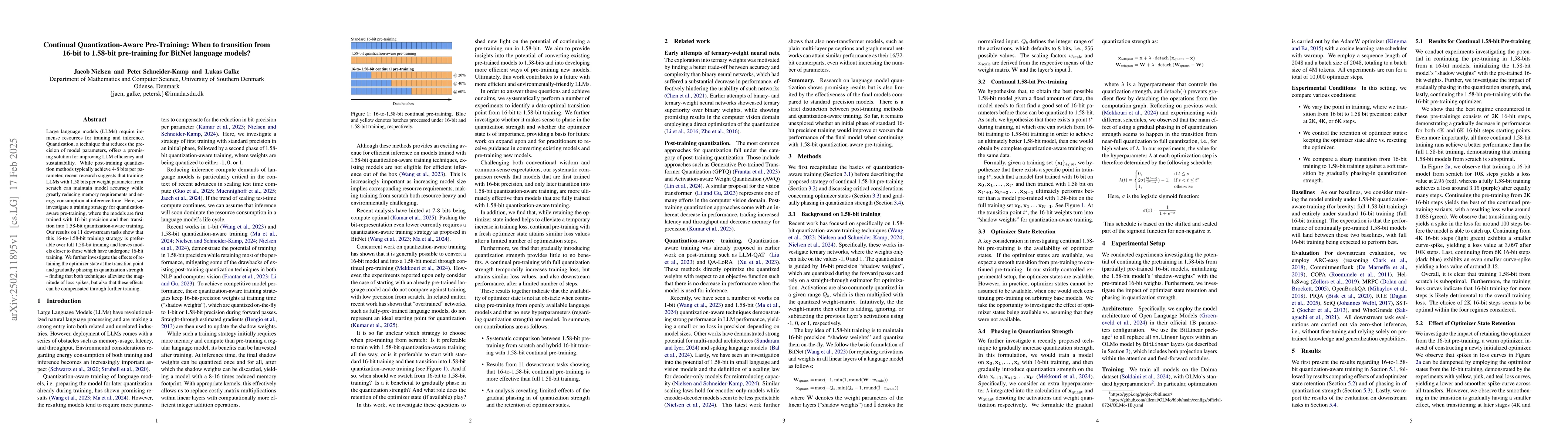 Thumbnail for Continual Quantization-Aware Pre-Training: When to transition from
  16-bit to 1.58-bit pre-training for BitNet language models?