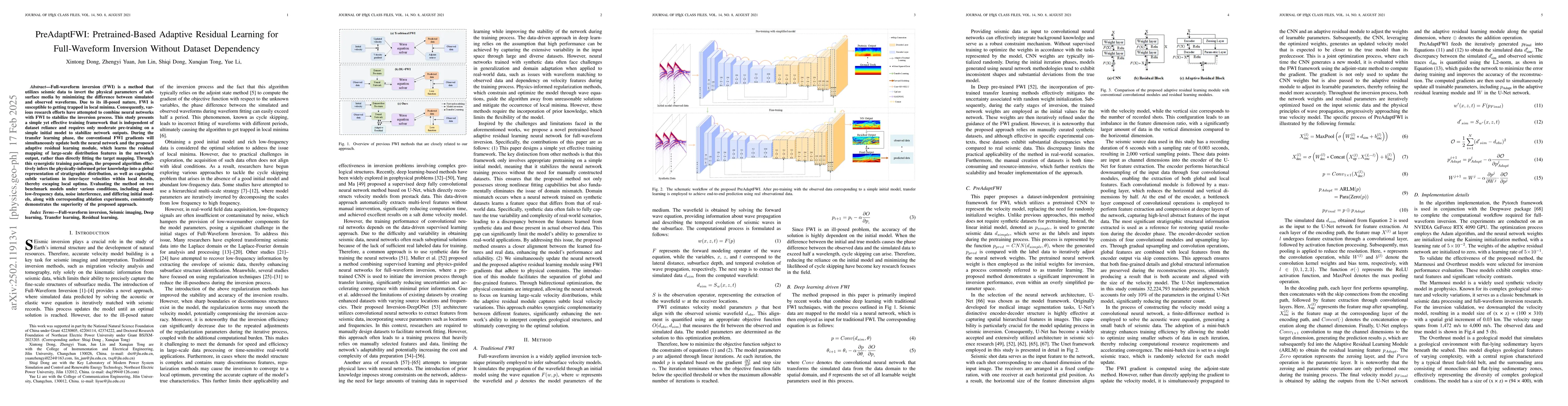 Thumbnail for PreAdaptFWI: Pretrained-Based Adaptive Residual Learning for
  Full-Waveform Inversion Without Dataset Dependency