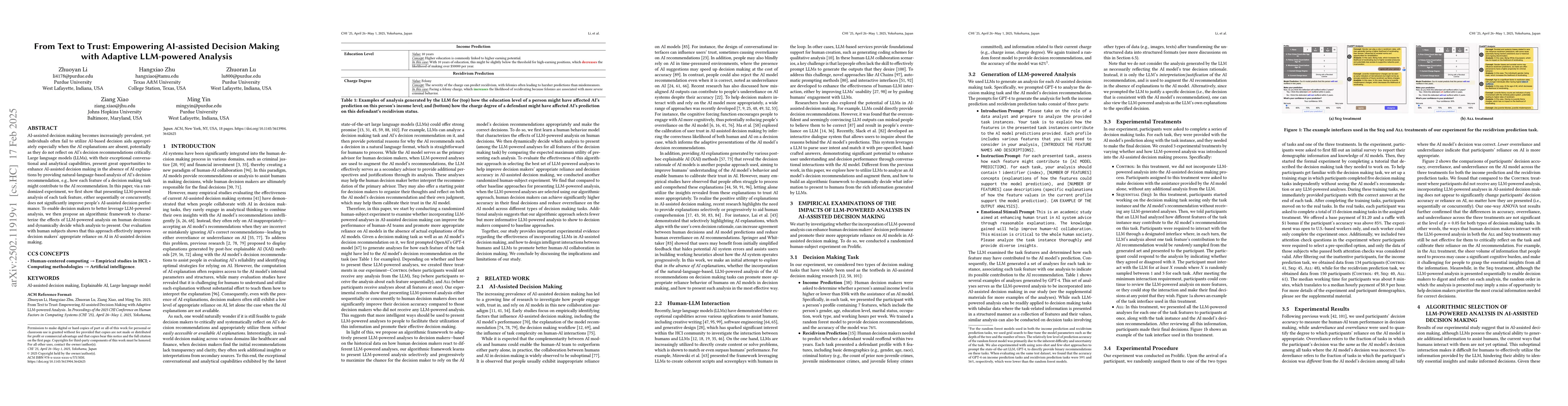 Thumbnail for From Text to Trust: Empowering AI-assisted Decision Making with Adaptive
  LLM-powered Analysis