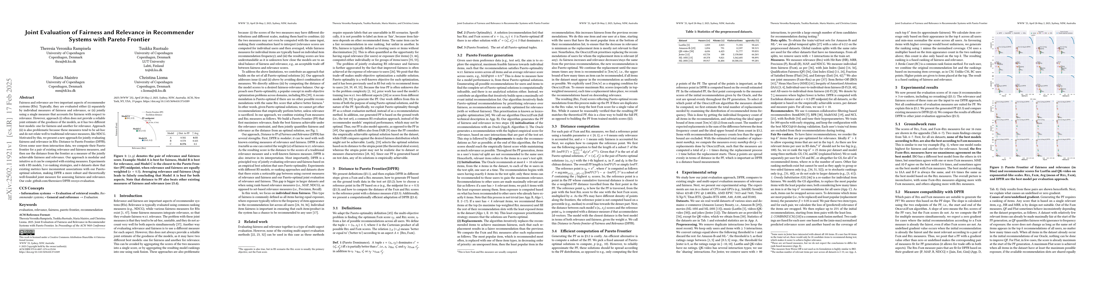 Thumbnail for Joint Evaluation of Fairness and Relevance in Recommender Systems with
  Pareto Frontier