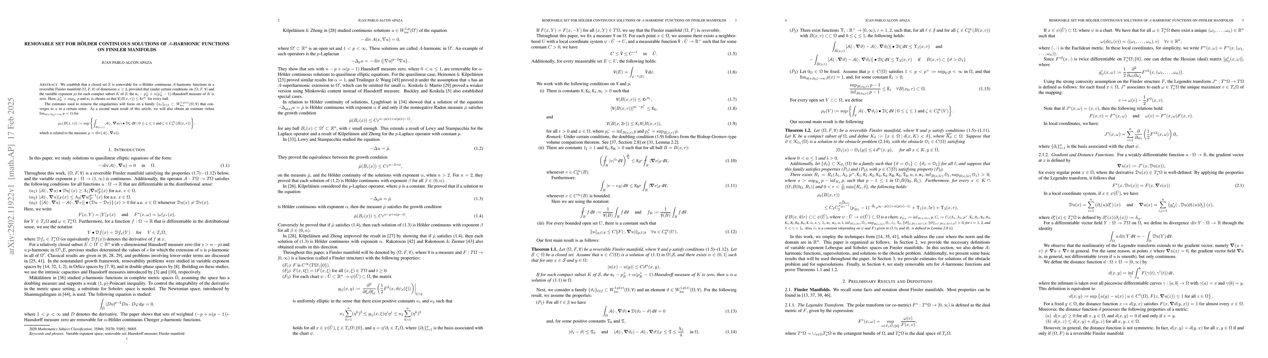 Thumbnail for Removable set for Hölder continuous solutions of
  $\mathscr{A}$-harmonic functions on Finsler manifolds