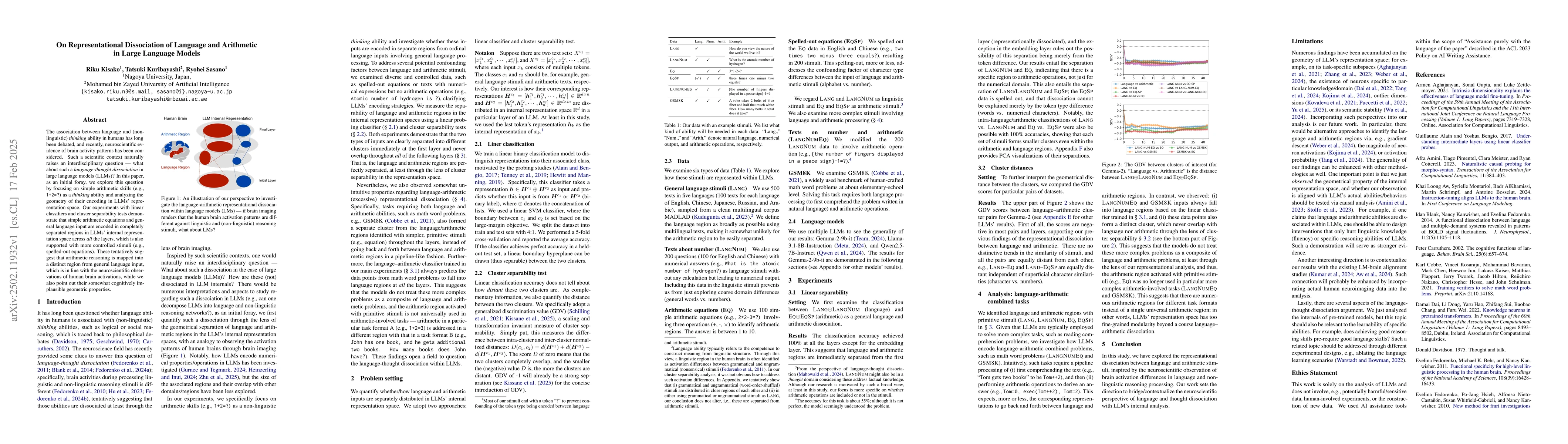 Thumbnail for On Representational Dissociation of Language and Arithmetic in Large
  Language Models