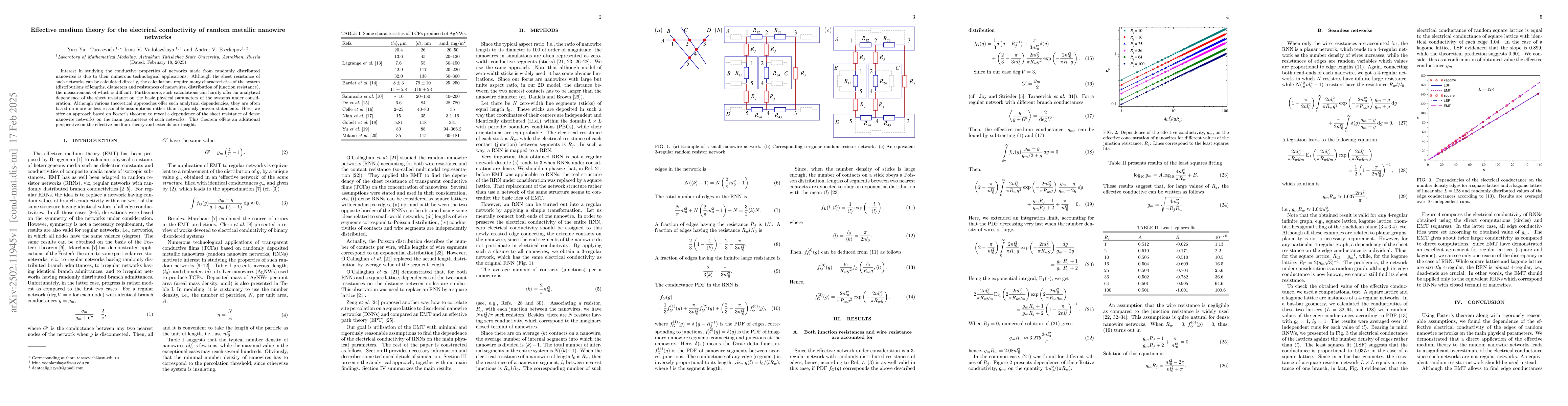Thumbnail for Effective medium theory for the electrical conductivity of random
  metallic nanowire networks