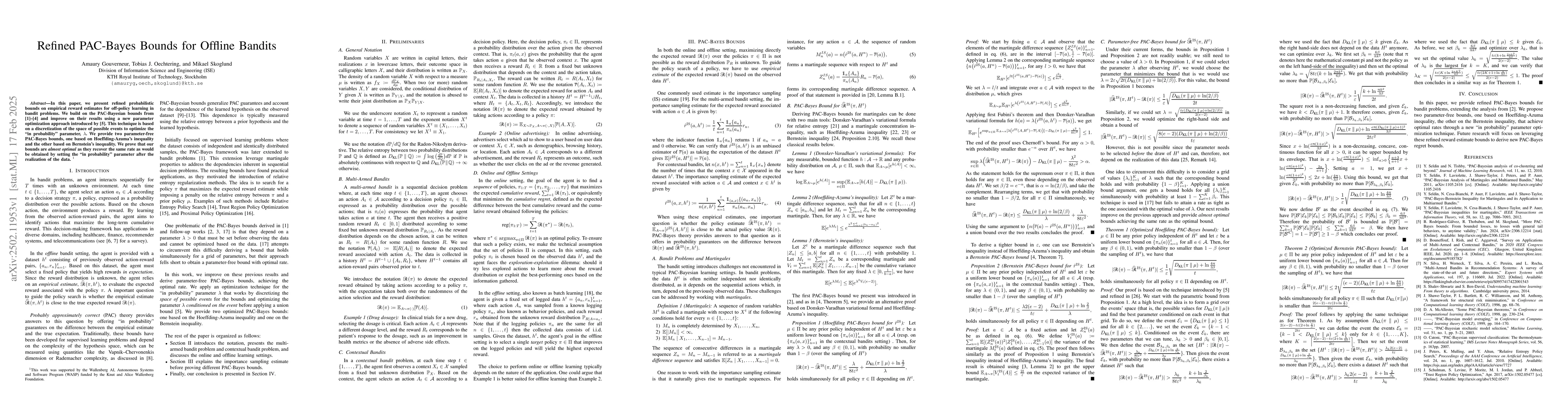 Thumbnail for Refined PAC-Bayes Bounds for Offline Bandits