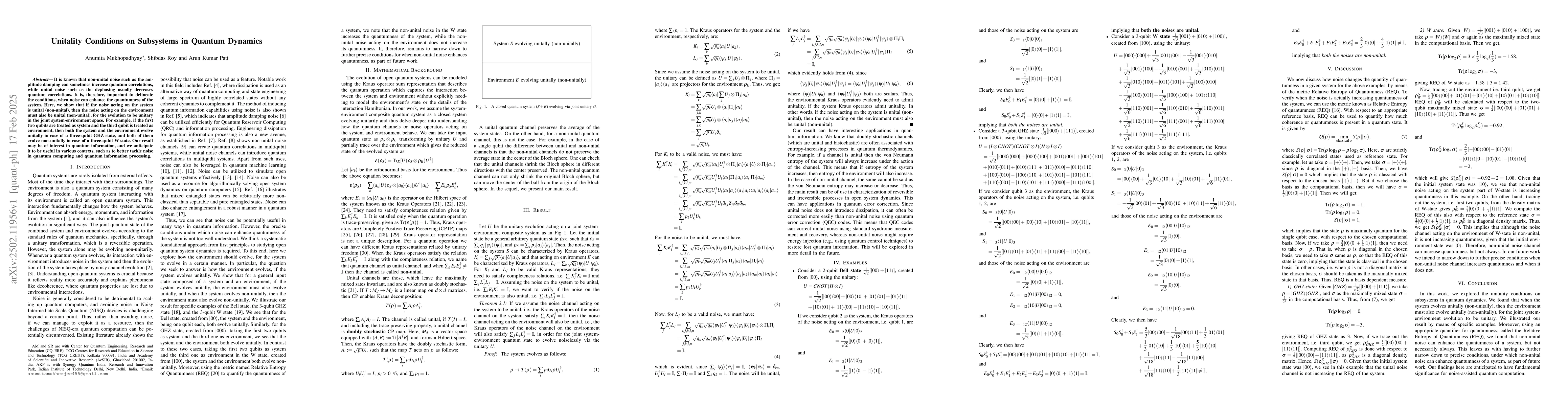 Thumbnail for Unitality Conditions on Subsystems in Quantum Dynamics
