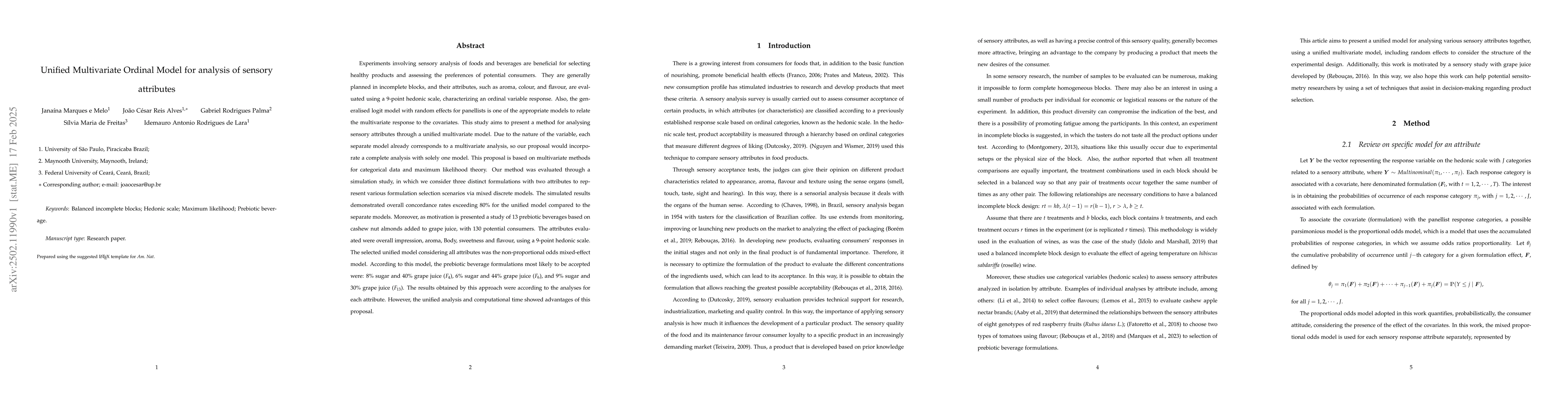 Thumbnail for Unified Multivariate Ordinal Model for analysis of sensory attributes